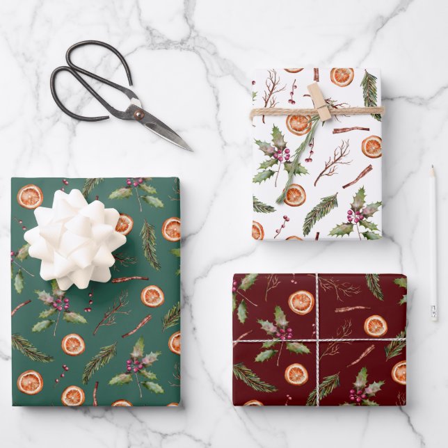 Feuille De Papier Cadeau Botaniques de Noël rustiques enveloppant des feuil (Recto)