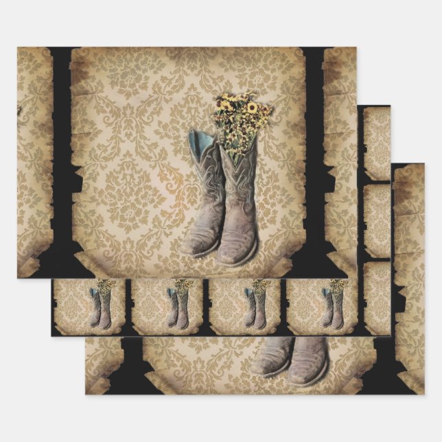 Feuille De Papier Cadeau botte de cowboy rustique damassé de l'ouest du pay (Lot)