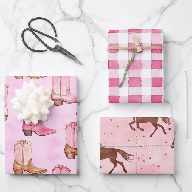 Feuille De Papier Cadeau Botte rose Tan Boots Chevaux Anniversaire (Recto)
