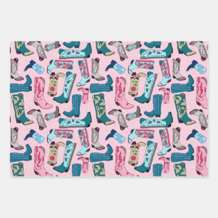 Feuille De Papier Cadeau Bottes Cowboy - sur rose