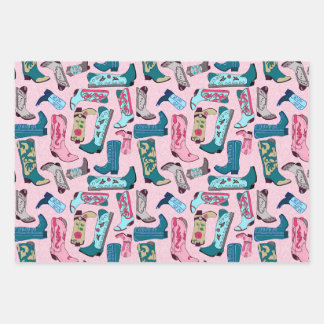 Feuille De Papier Cadeau Bottes Cowboy - sur rose