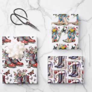 Feuille De Papier Cadeau Bottes dentées et papillons floraux