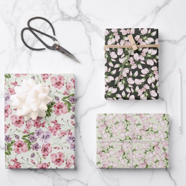 Feuille De Papier Cadeau Boucles de fleurs sauvages rose pastel (Recto)