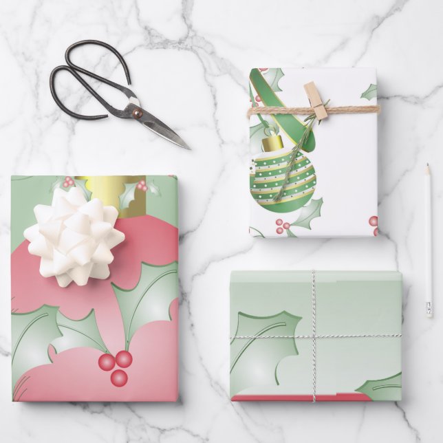 Feuille De Papier Cadeau Bouges de rose verte Holly (Recto)
