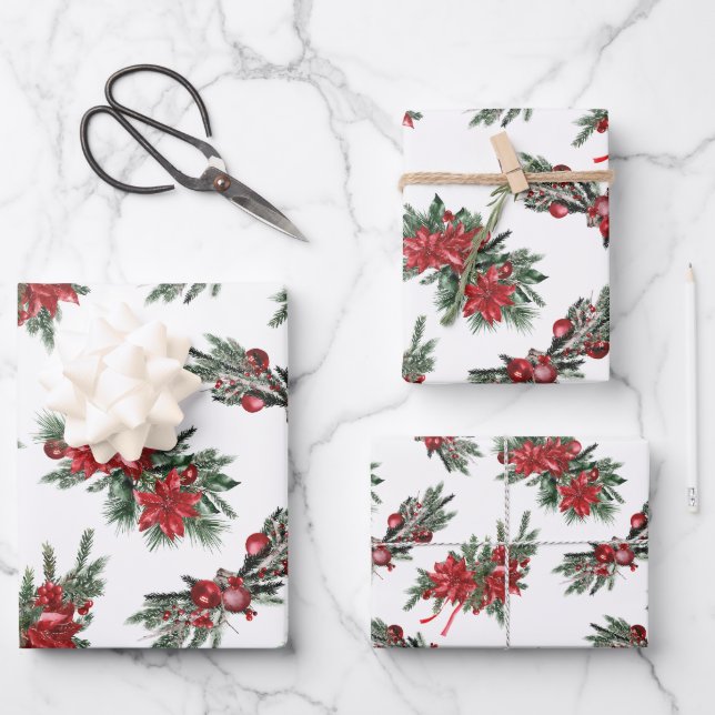 Feuille De Papier Cadeau Boughs de Noël à l'aquarelle rouge (Recto)