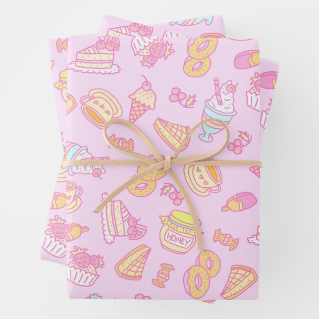 Feuille De Papier Cadeau Boulangerie douce et boissons rose (En situation)