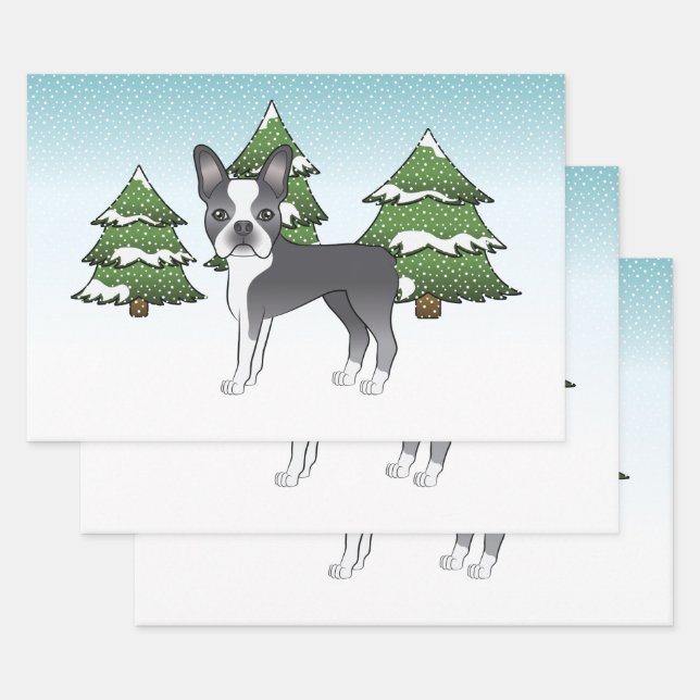 Feuille De Papier Cadeau Bouledogue bleu de Boston dans un enroulement de f (Lot)