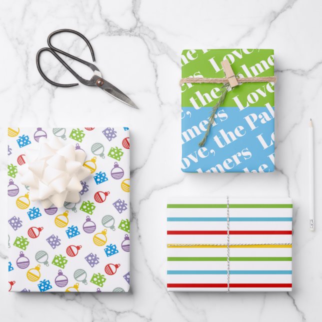 Feuille De Papier Cadeau Boules de Noël motif, rayures et nom vacances (Recto)