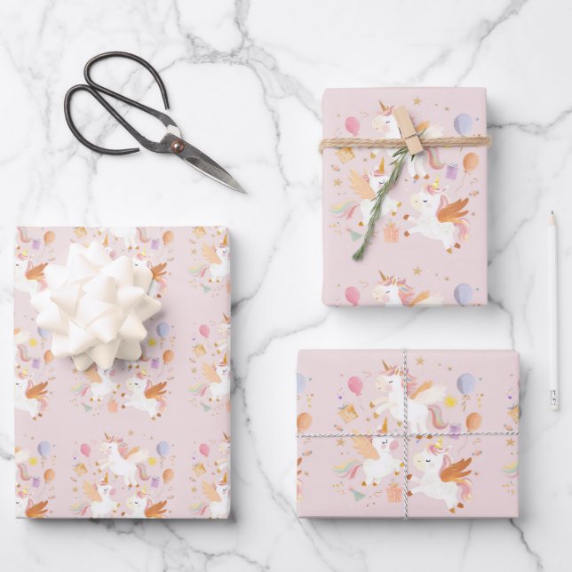 Feuille De Papier Cadeau Bouncing Unicorns Pastel Pink mignon Anniversaire (Recto)