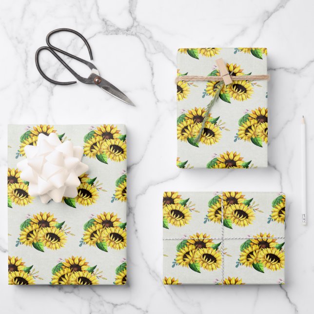 Feuille De Papier Cadeau Bouquet de tournesol jaune en aquarelle (Recto)