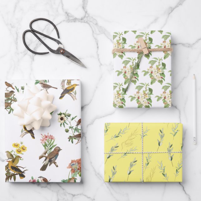 Feuille De Papier Cadeau Bouquets de jardin et oiseaux (Recto)