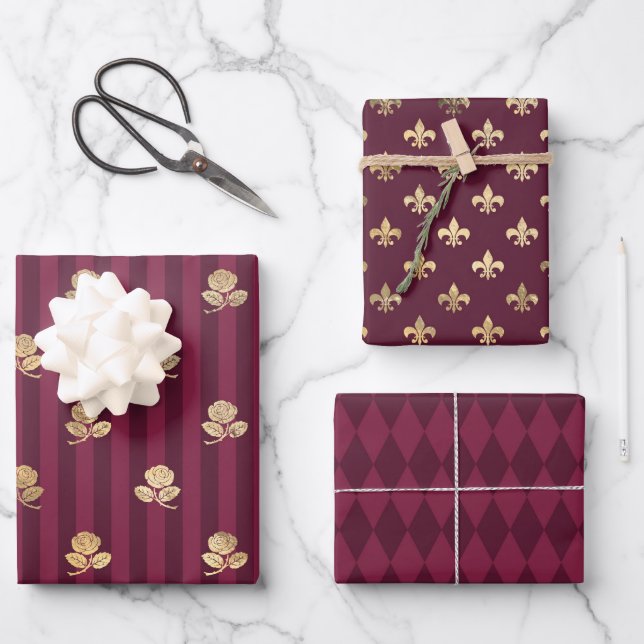 Feuille De Papier Cadeau Bourgogne et Gold Paris (Recto)