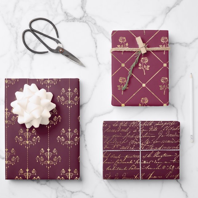 Feuille De Papier Cadeau Bourgogne et Gold Paris (Recto)