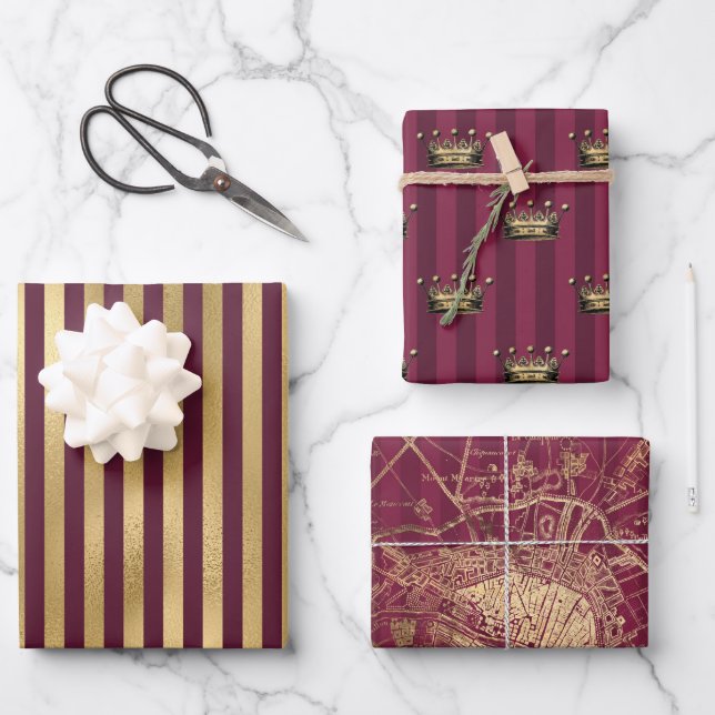 Feuille De Papier Cadeau Bourgogne et Gold Paris (Recto)