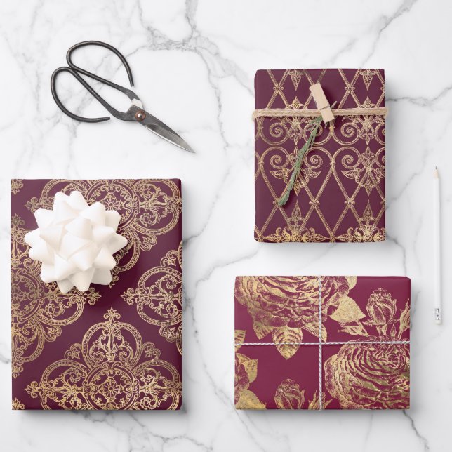 Feuille De Papier Cadeau Bourgogne et Gold Paris (Recto)