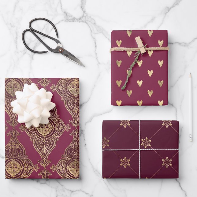 Feuille De Papier Cadeau Bourgogne et Or Thème Paris (Recto)