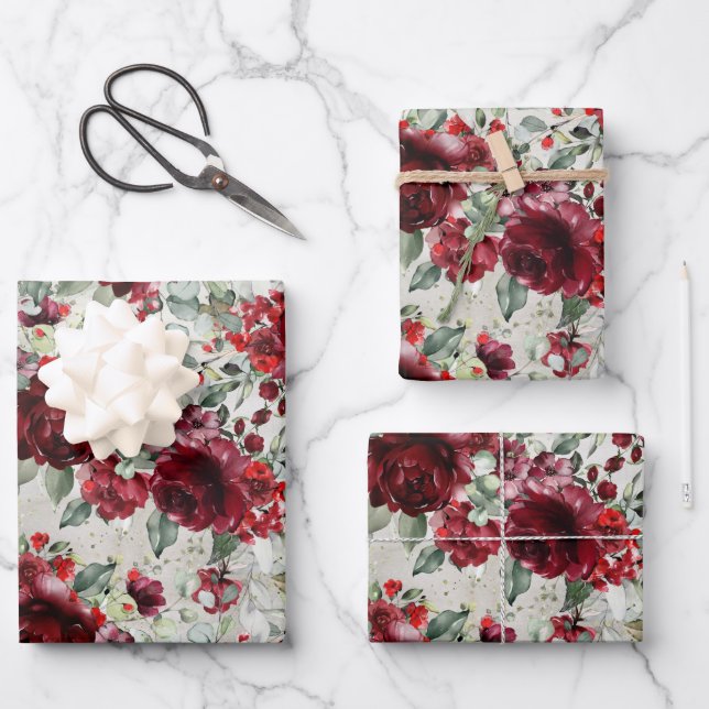 Feuille De Papier Cadeau Bourgogne Red Peony Argent Eucalyptus Vert (Recto)