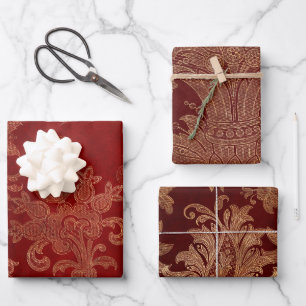 Feuille De Papier Cadeau Bourgogne rouge et or Damas