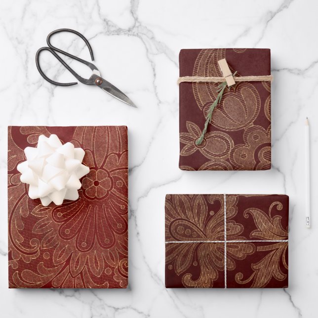 Feuille De Papier Cadeau Bourgogne rouge et or Damas (Recto)