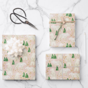 Feuille De Papier Cadeau Bours polaires de Noël mignons en forêt À feuillag