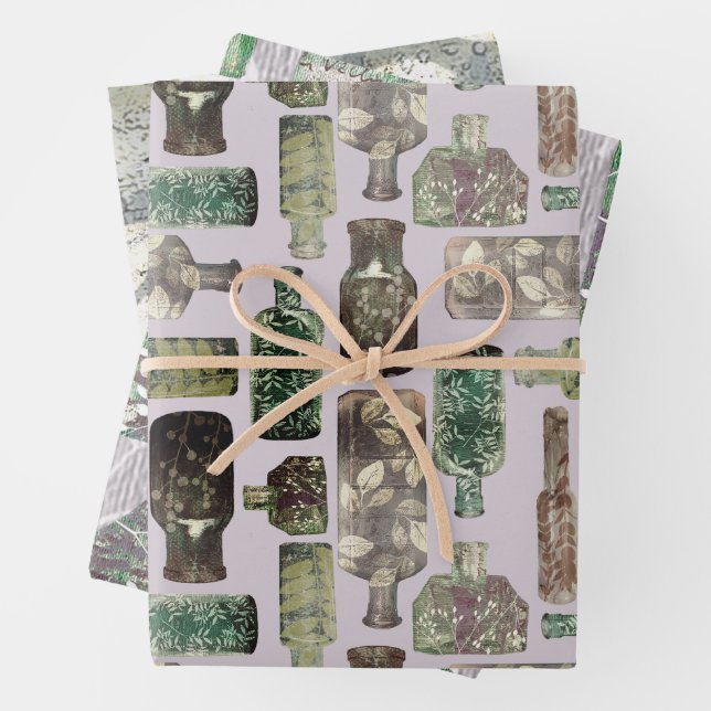 Feuille De Papier Cadeau Bouteilles vintages et textures botaniques (En situation)