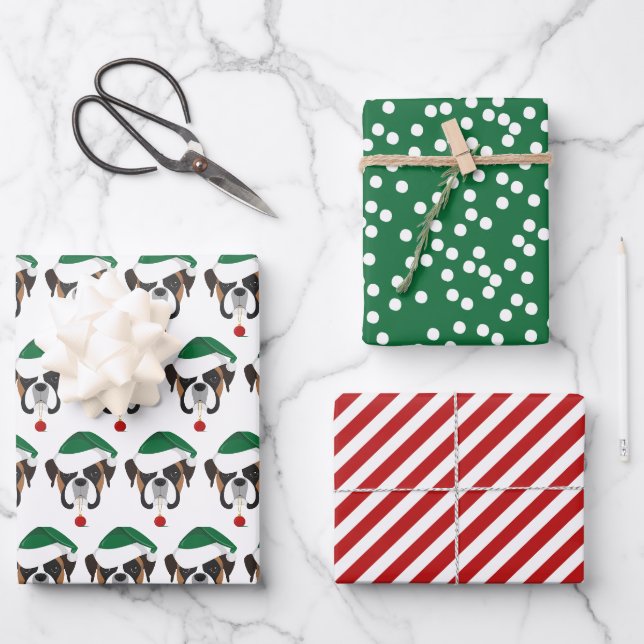 Feuille De Papier Cadeau Boxer mignonne et Noël rouge rayé (Recto)