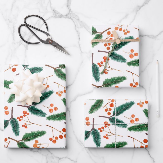 Feuille De Papier Cadeau Branches d'aquarelle et baies hiver  (Recto)