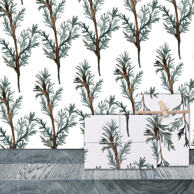 Feuille De Papier Cadeau Branches d'arbre à genévrier bleu Végétation hiver (Blue Juniper Tree Branches Winter Greenery Christmas Holiday Gift Wrapping Paper Sheets Trio)