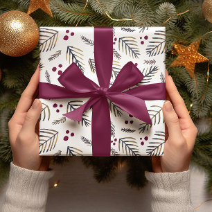 Feuille De Papier Cadeau Branches d'arbres de Noël et baies - Bourgogne