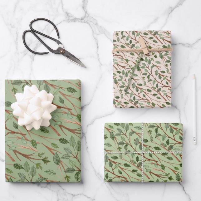 Feuille De Papier Cadeau Branches de verdure aquarelle (Recto)