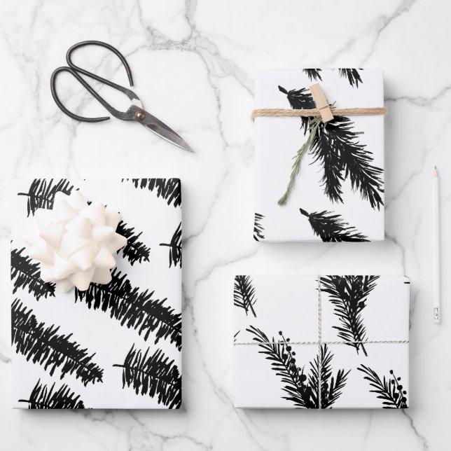 Feuille De Papier Cadeau Branches d'épinette blanche et noire (Recto)