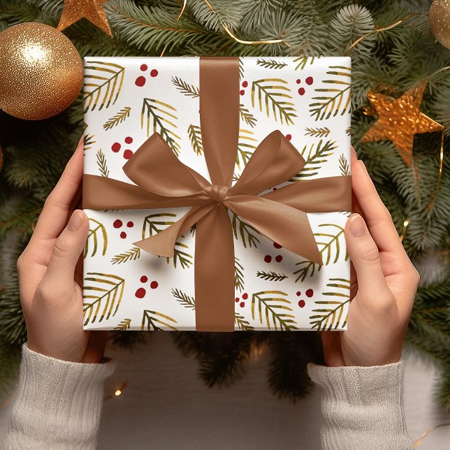 Feuille De Papier Cadeau Branches et baies d'arbres de Noël - ambre (Créateur téléchargé)