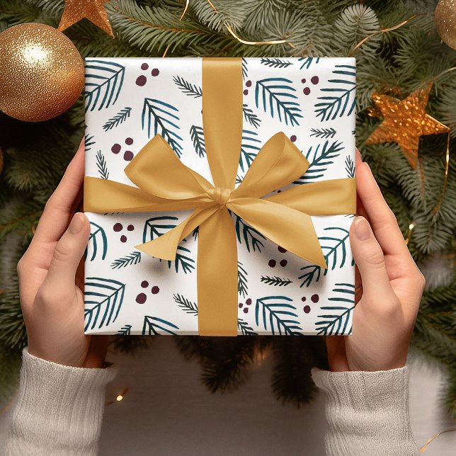 Feuille De Papier Cadeau Branches et baies d'arbres de Noël - turquoise fon (Créateur téléchargé)
