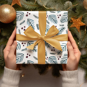 Feuille De Papier Cadeau Branches et baies d'arbres de Noël - turquoise fon