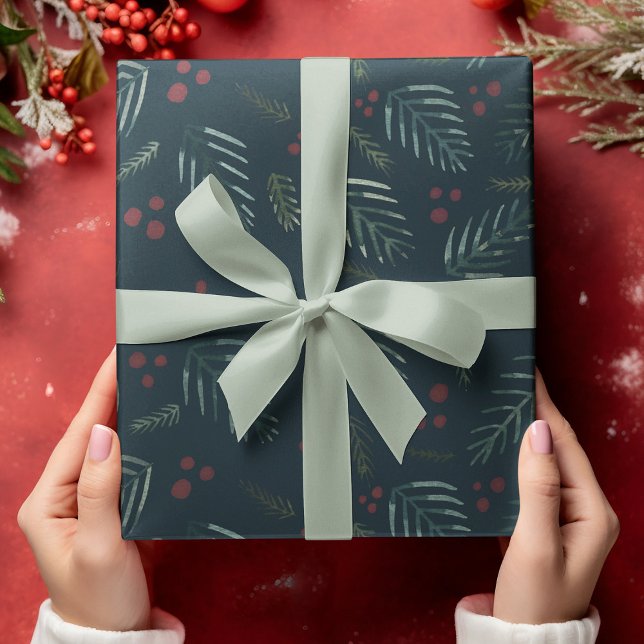 Feuille De Papier Cadeau Branches et baies d'arbres de Noël - turquoise vin (Créateur téléchargé)
