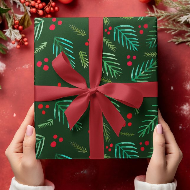 Feuille De Papier Cadeau Branches et baies d'arbres de Noël - vert foncé (Créateur téléchargé)