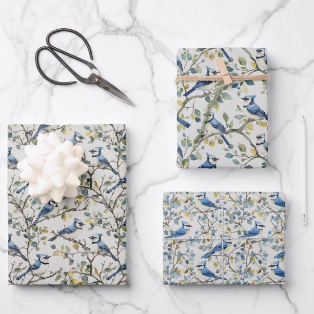 Feuille De Papier Cadeau Branches et fleurs d'oiseaux Blue Jays (Recto)