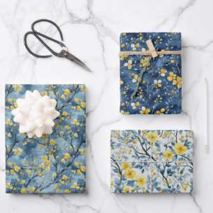 Feuille De Papier Cadeau Branches et fleurs jaunes et bleues