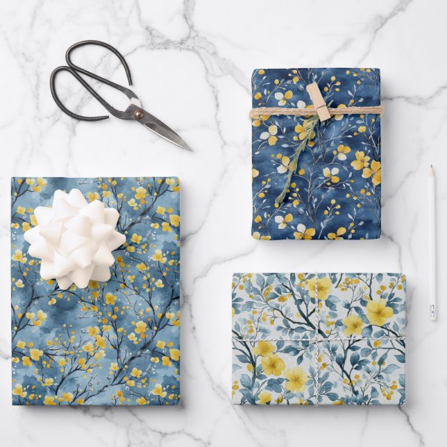Feuille De Papier Cadeau Branches et fleurs jaunes et bleues (Recto)
