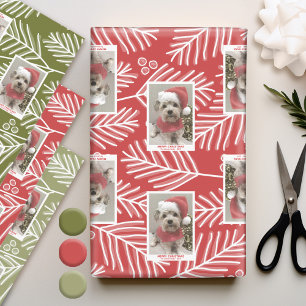 Feuille De Papier Cadeau Branches vertes Merry Calligraphie Photo type blan
