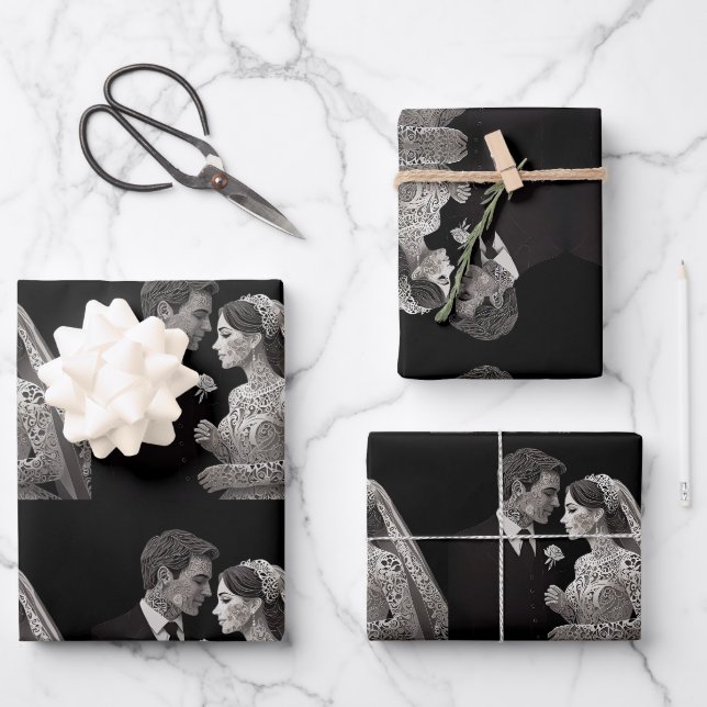 Feuille De Papier Cadeau Bride & Groom Delicate blanc sur noir (Recto)
