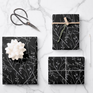 Feuille De Papier Cadeau Brindilles d'argent sur noir