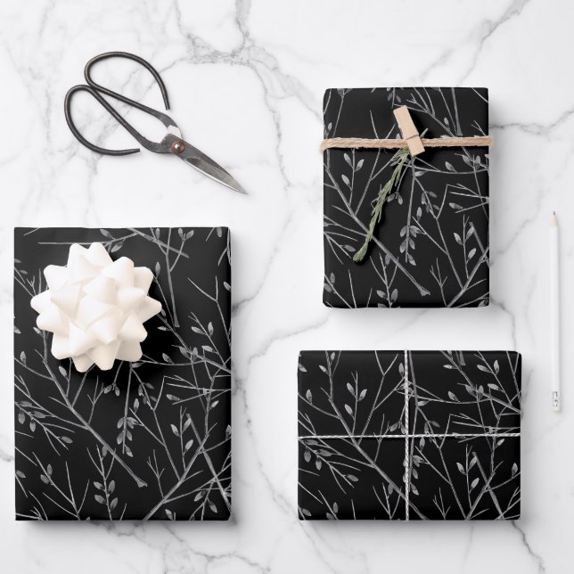 Feuille De Papier Cadeau Brindilles d'argent sur noir (Recto)