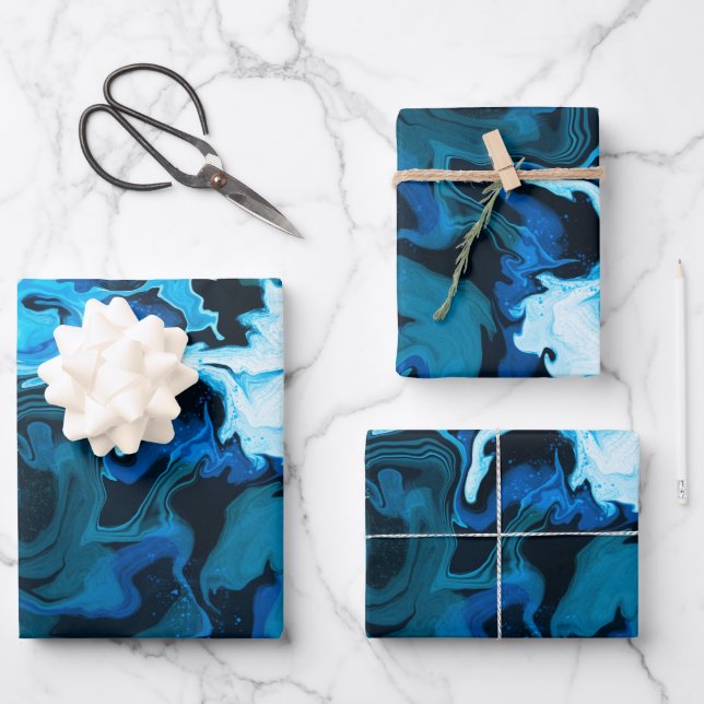 Feuille De Papier Cadeau Brosse bleue en marbre fait main (Recto)