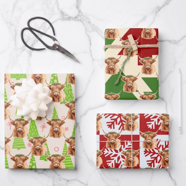 Feuille De Papier Cadeau Brown Highland Miniature Cow Christmas (Recto)