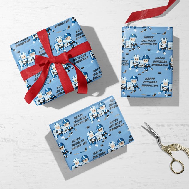 Feuille De Papier Cadeau Brunette Boy Hockey Personnalisé (Créateur téléchargé)