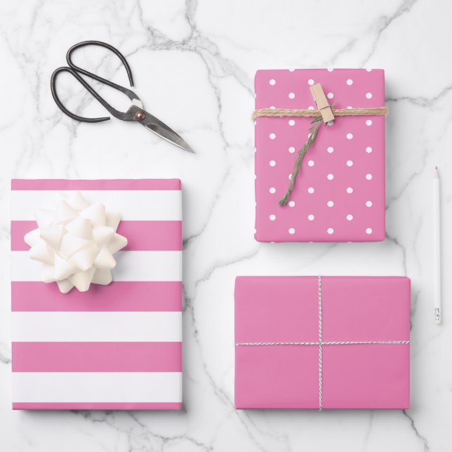 Feuille De Papier Cadeau Bubblegum Pink Polka Point Large rayé et solide (Recto)