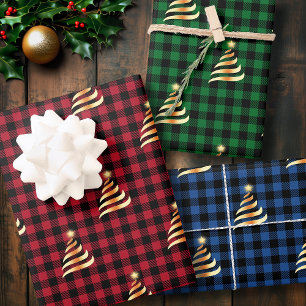 Feuille De Papier Cadeau Buffle de Noël Arbre doré Plaid Rouge Vert Bleu