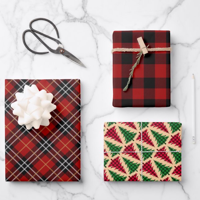 Feuille De Papier Cadeau Buffle de Noël rustique / Motif de plaid Tartan (Recto)