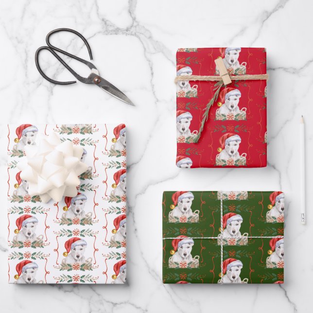 Feuille De Papier Cadeau Bull Terrier Chien Motif de Noël (Recto)